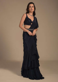 Midnight Blue Ready Pleated Ruffle Saree And Sequins Blouse With Front Cut Out