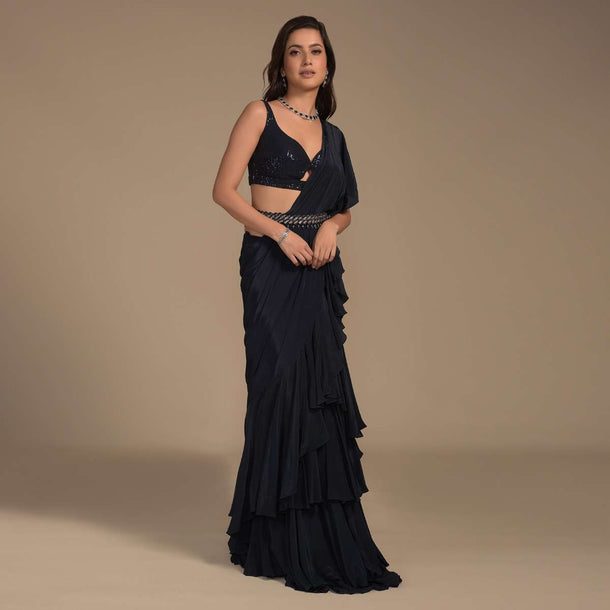 Midnight Blue Ready Pleated Ruffle Saree And Sequins Blouse With Front Cut Out