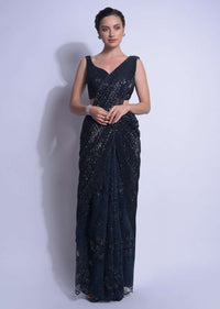 Midnight Blue Ready Pleated Saree In Floral Embellished Net And Crushed Pallu Online - Kalki Fashion