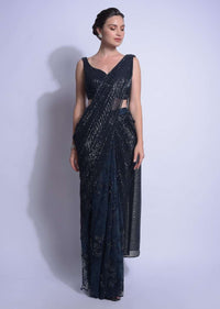 Midnight Blue Ready Pleated Saree In Floral Embellished Net And Crushed Pallu Online - Kalki Fashion