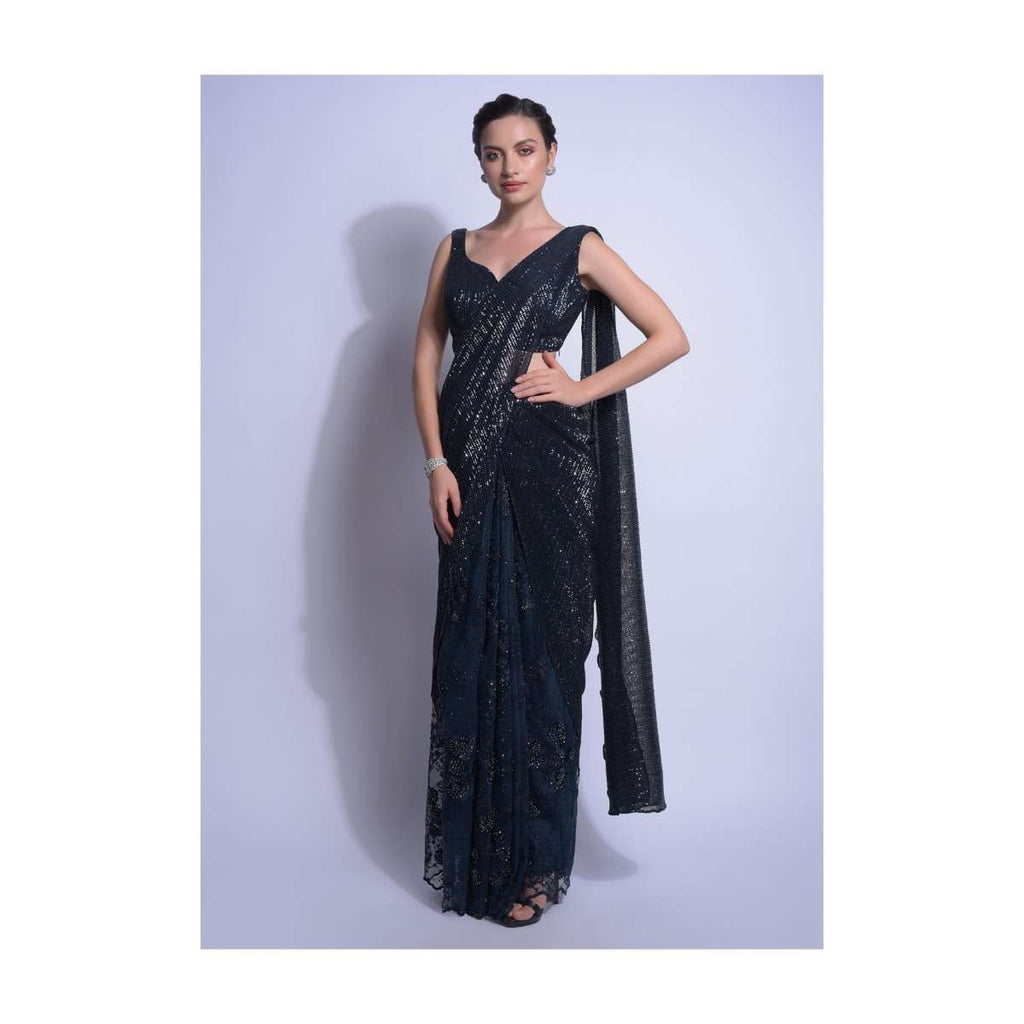 Midnight Blue Ready Pleated Saree In Floral Embellished Net And Crushed Pallu Online - Kalki Fashion