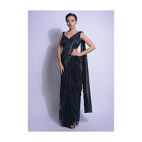 Midnight Blue Ready Pleated Saree In Floral Embellished Net And Crushed Pallu Online - Kalki Fashion