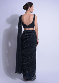 Midnight Blue Ready Pleated Saree In Floral Embellished Net And Crushed Pallu Online - Kalki Fashion