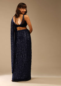 Midnight Blue Ready-To-Wear Sequins Saree With Velvet Blouse