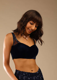 Midnight Blue Ready-To-Wear Sequins Saree With Velvet Blouse