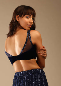 Midnight Blue Ready-To-Wear Sequins Saree With Velvet Blouse