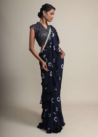 Midnight Blue Ruffle Saree In Georgette With Tie - Dye Print Online - Kalki Fashion