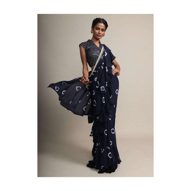 Midnight Blue Ruffle Saree In Georgette With Tie - Dye Print Online - Kalki Fashion