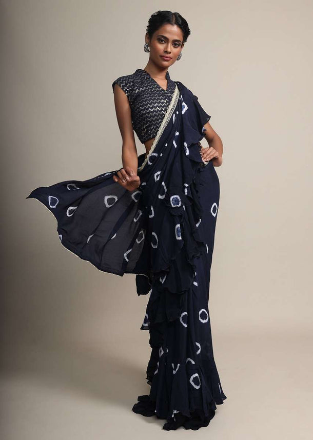 Midnight Blue Ruffle Saree In Georgette With Tie - Dye Print Online - Kalki Fashion