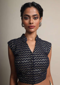 Midnight Blue Ruffle Saree In Georgette With Tie - Dye Print Online - Kalki Fashion