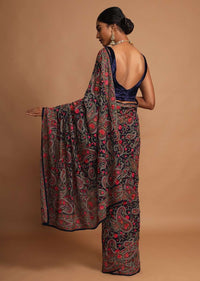 Midnight Blue Saree In Georgette With Kashmiri Embroidery In Paisley And Floral Jaal