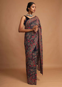 Midnight Blue Saree In Georgette With Kashmiri Embroidery In Paisley And Floral Jaal