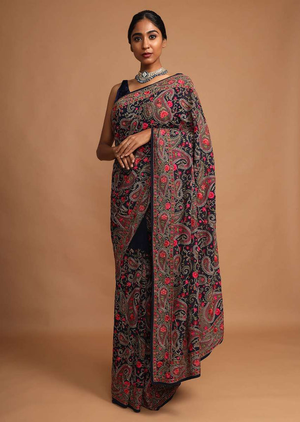 Midnight Blue Saree In Georgette With Kashmiri Embroidery In Paisley And Floral Jaal