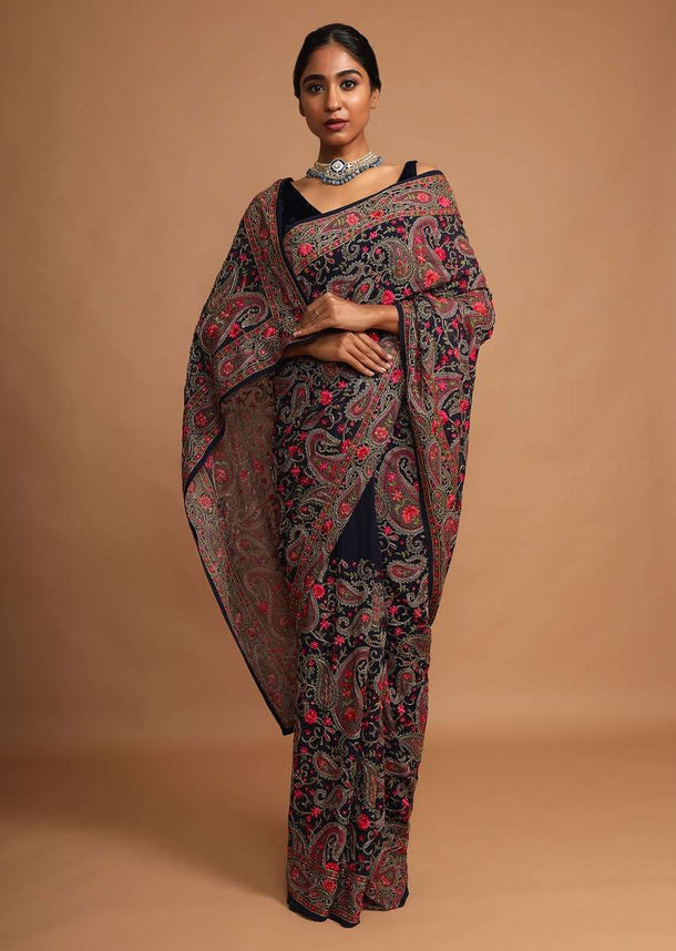 Midnight Blue Saree In Georgette With Kashmiri Embroidery In Paisley And Floral Jaal