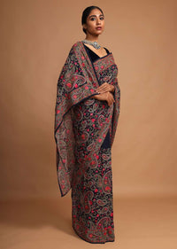 Midnight Blue Saree In Georgette With Kashmiri Embroidery In Paisley And Floral Jaal