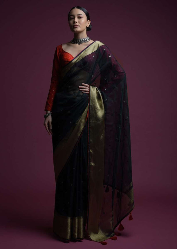 Midnight Blue Saree In Organza Silk With Abla Embroidered Buttis And Unstitched Red Brocade Blouse Online - Kalki Fashion