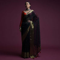 Midnight Blue Saree In Organza Silk With Abla Embroidered Buttis And Unstitched Red Brocade Blouse Online - Kalki Fashion