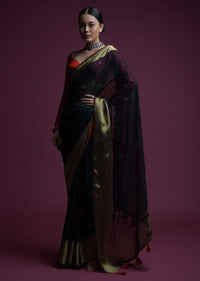 Midnight Blue Saree In Organza Silk With Abla Embroidered Buttis And Unstitched Red Brocade Blouse Online - Kalki Fashion