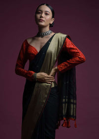 Midnight Blue Saree In Organza Silk With Abla Embroidered Buttis And Unstitched Red Brocade Blouse Online - Kalki Fashion