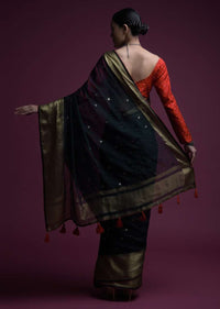 Midnight Blue Saree In Organza Silk With Abla Embroidered Buttis And Unstitched Red Brocade Blouse Online - Kalki Fashion