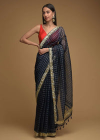 Midnight Blue Saree In Organza With Zari Woven Checks And Gotta Patti Embroidered Border Along With Unstitched Blouse Online - Kalki Fashion