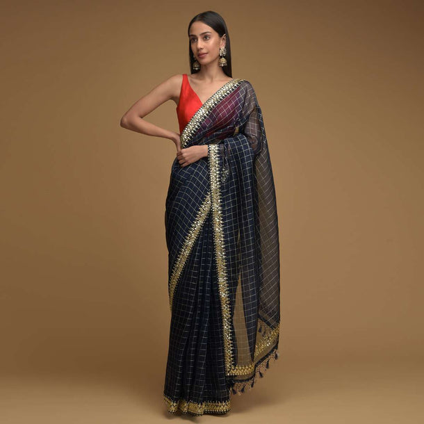 Midnight Blue Saree In Organza With Zari Woven Checks And Gotta Patti Embroidered Border Along With Unstitched Blouse Online - Kalki Fashion