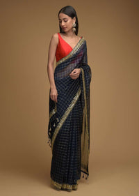 Midnight Blue Saree In Organza With Zari Woven Checks And Gotta Patti Embroidered Border Along With Unstitched Blouse Online - Kalki Fashion