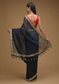 Midnight Blue Saree In Organza With Zari Woven Checks And Gotta Patti Embroidered Border Along With Unstitched Blouse Online - Kalki Fashion