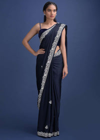 Midnight Blue Saree In Satin Embellished With Stones And Zari Work Online - Kalki Fashion