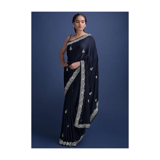 Midnight Blue Saree In Satin Embellished With Stones And Zari Work Online - Kalki Fashion