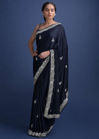 Midnight Blue Saree In Satin Embellished With Stones And Zari Work Online - Kalki Fashion