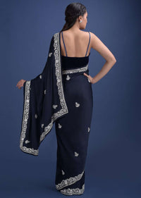 Midnight Blue Saree In Satin Embellished With Stones And Zari Work Online - Kalki Fashion