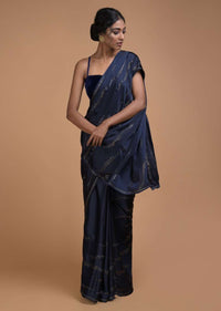 Midnight Blue Saree In Satin With Kundan Work In Wave Motifs Online - Kalki Fashion