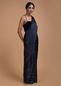 Midnight Blue Saree In Satin With Kundan Work In Wave Motifs Online - Kalki Fashion