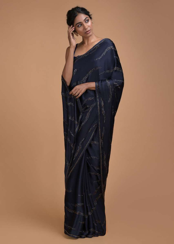 Midnight Blue Saree In Satin With Kundan Work In Wave Motifs Online - Kalki Fashion