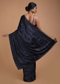 Midnight Blue Saree In Satin With Kundan Work In Wave Motifs Online - Kalki Fashion