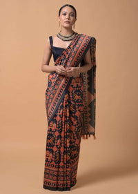 Midnight Blue Saree In Silk With Printed Patola Jaal Design Online - Kalki Fashion