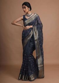 Midnight Blue Saree With French Knot Embroidered Floral Buttis Along With Weaved Checks And Border Online - Kalki Fashion