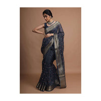 Midnight Blue Saree With French Knot Embroidered Floral Buttis Along With Weaved Checks And Border Online - Kalki Fashion