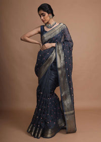 Midnight Blue Saree With French Knot Embroidered Floral Buttis Along With Weaved Checks And Border Online - Kalki Fashion