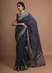 Midnight Blue Saree With French Knot Embroidered Floral Buttis Along With Weaved Checks And Border Online - Kalki Fashion