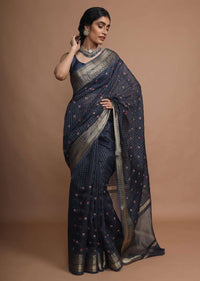 Midnight Blue Saree With French Knot Embroidered Floral Buttis Along With Weaved Checks And Border Online - Kalki Fashion