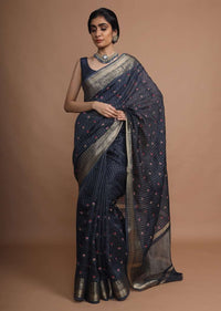 Midnight Blue Saree With French Knot Embroidered Floral Buttis Along With Weaved Checks And Border Online - Kalki Fashion