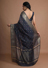 Midnight Blue Saree With French Knot Embroidered Floral Buttis Along With Weaved Checks And Border Online - Kalki Fashion