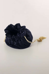 Midnight Blue Potli Bag In Sequins Fabric With Cut Dana Tassels And Handle By Solasta