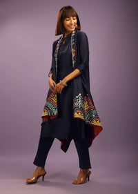 Midnight Blue A Line Suit In Cotton Silk With Multi Colored Patchwork Embroidered Jacket