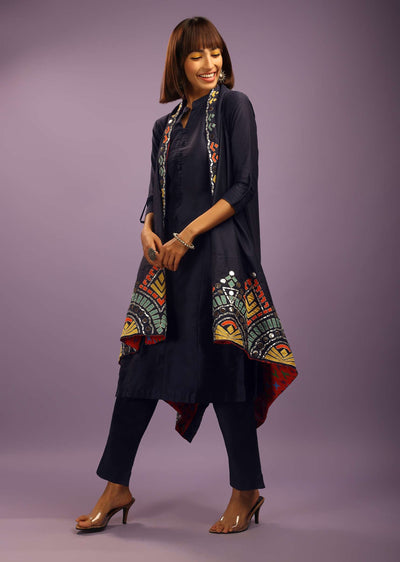 Midnight Blue A Line Suit In Cotton Silk With Multi Colored Patchwork Embroidered Jacket