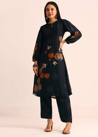 Midnight Blue Abstract Printed Chanderi Kurti And Pant