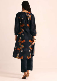 Midnight Blue Abstract Printed Chanderi Kurti And Pant