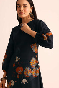 Midnight Blue Abstract Printed Chanderi Kurti And Pant